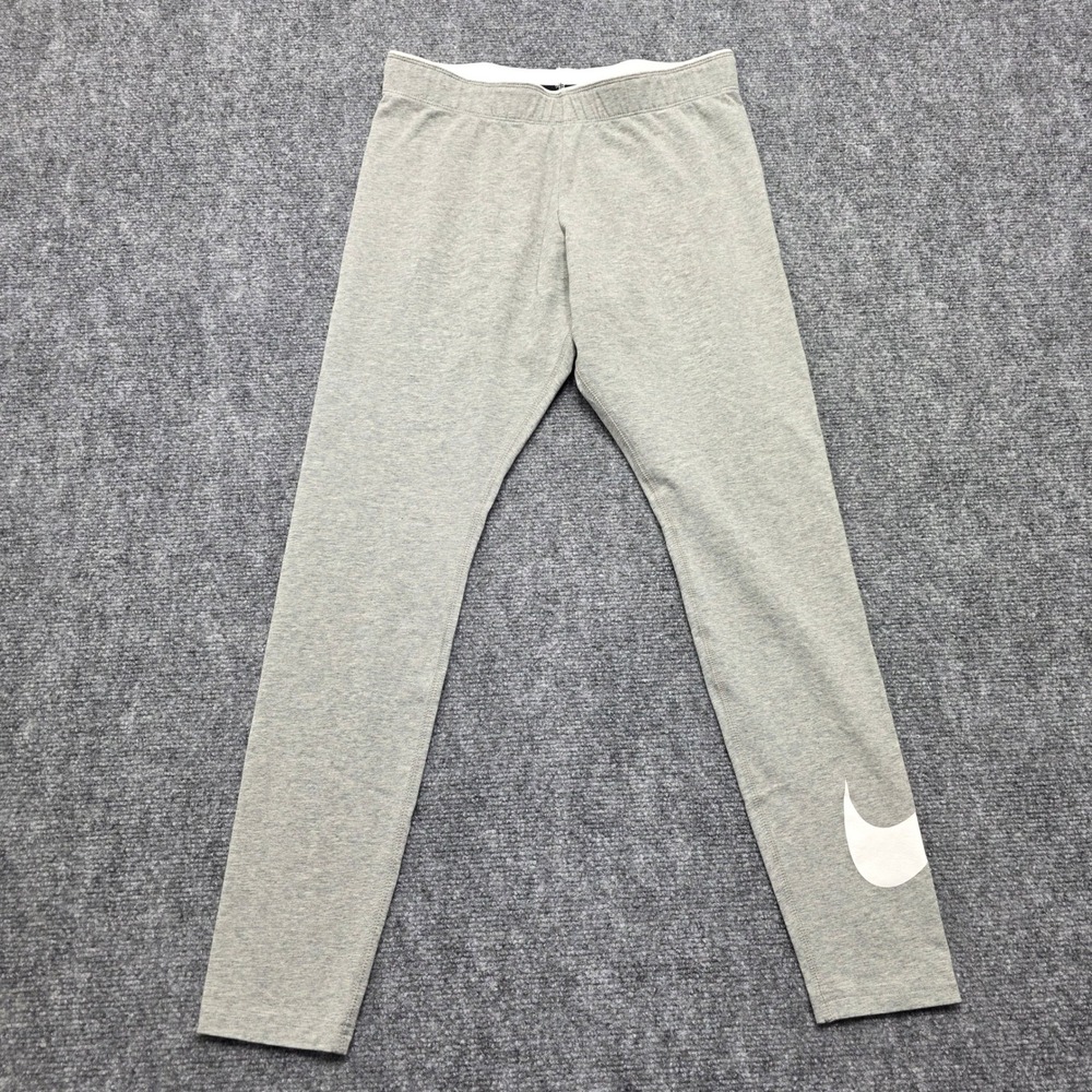 Nike Sportswear Essential Leggings Women's Medium Gray Big Swoosh Logo Cotton